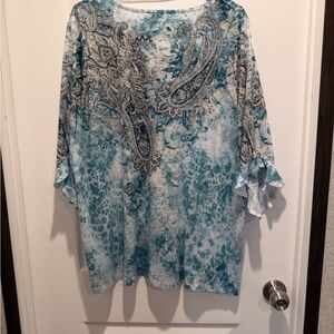 Boho Paisley Rhinestone Tunic Top Teal Flowy Bell Sleeve Plus Size 3X 22W